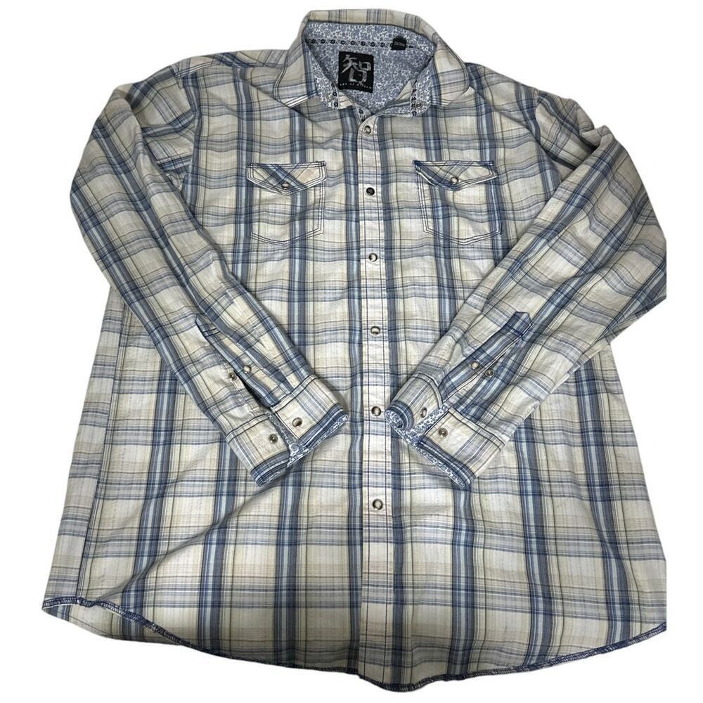 Age of Wisdom White and Blue Western Plaid Pearl Long Sleeve Button Down Sze XXL